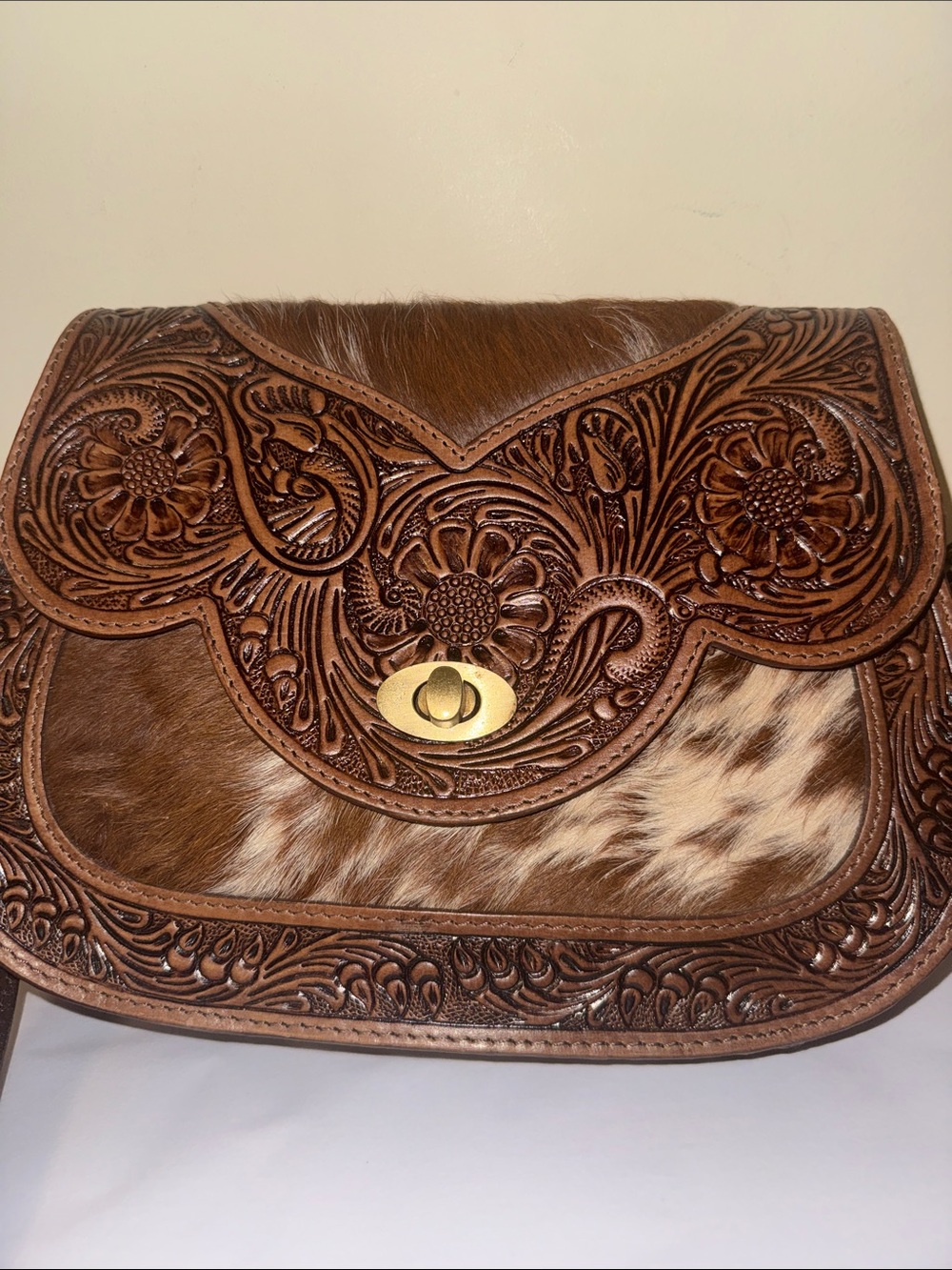 Hand-Tooled Brown Leather & Hair-on Hide Crossbody Bag, new - Picture 2 of 9